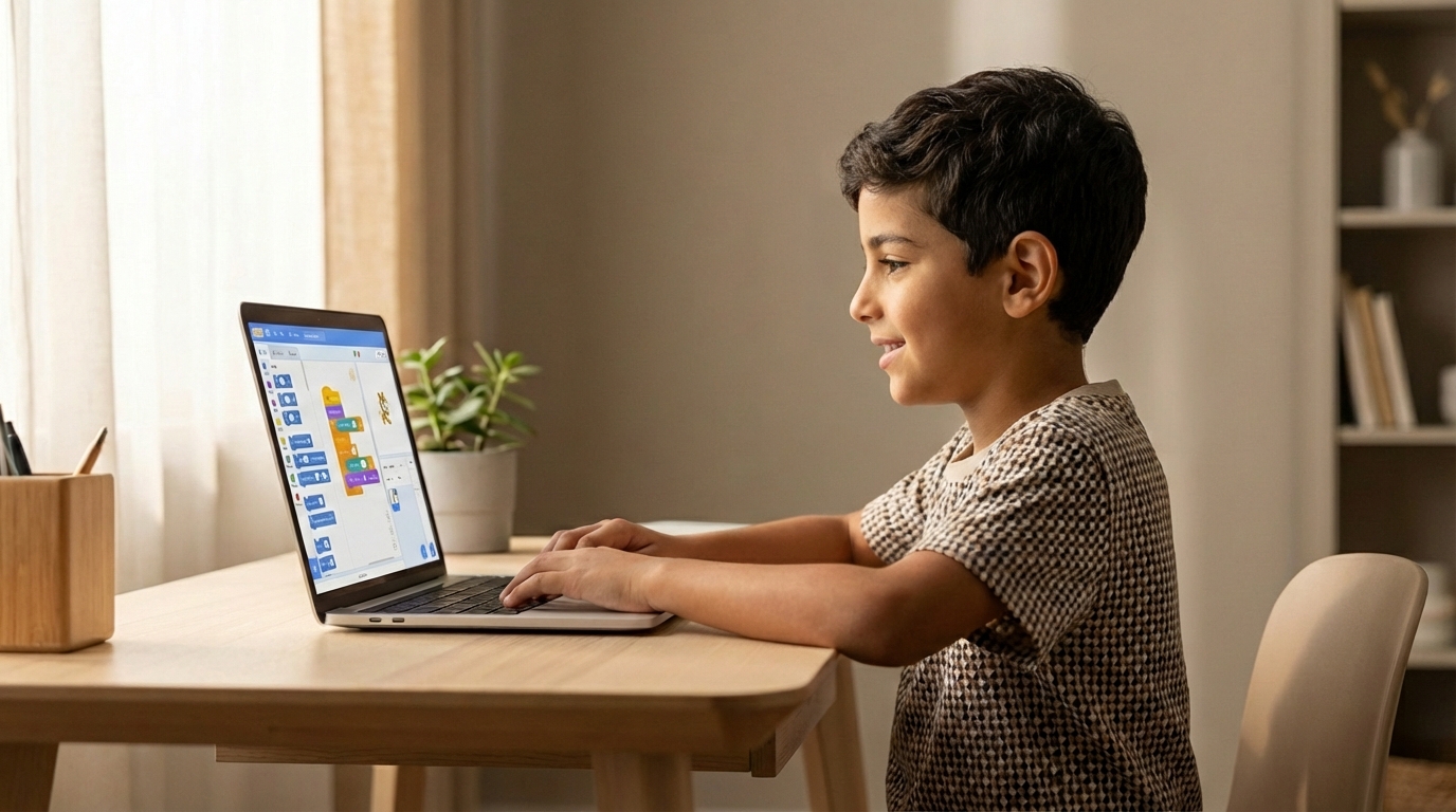 Child building AI at laptop